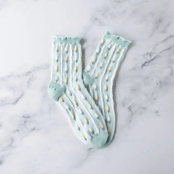 Pastel Color Floral Socks Mint