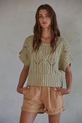 Cali Crochet Short Sleeve Sweater Top Light Olive