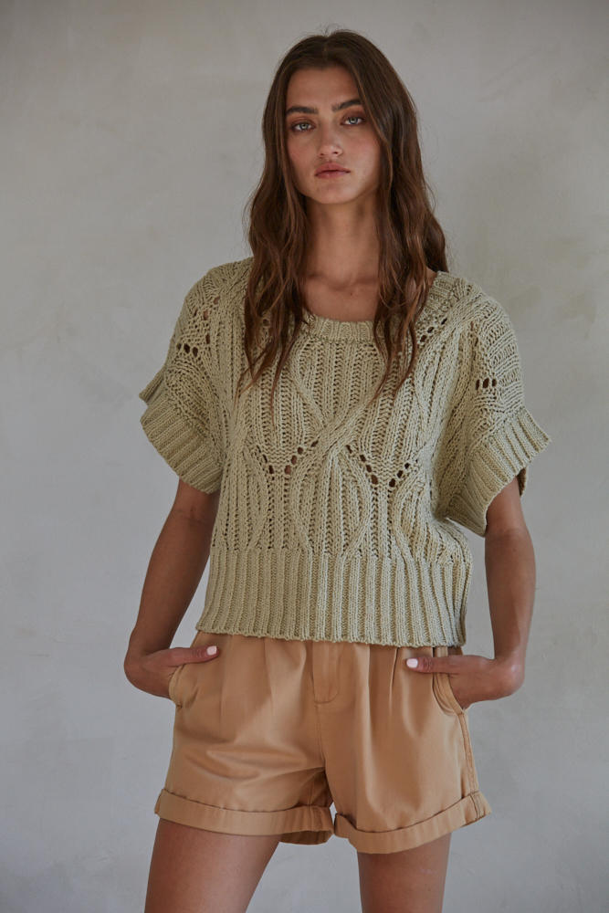 Cali Crochet Short Sleeve Sweater Top Light Olive