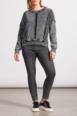 Mix Media Crochet Washed Raglan Pullover Black