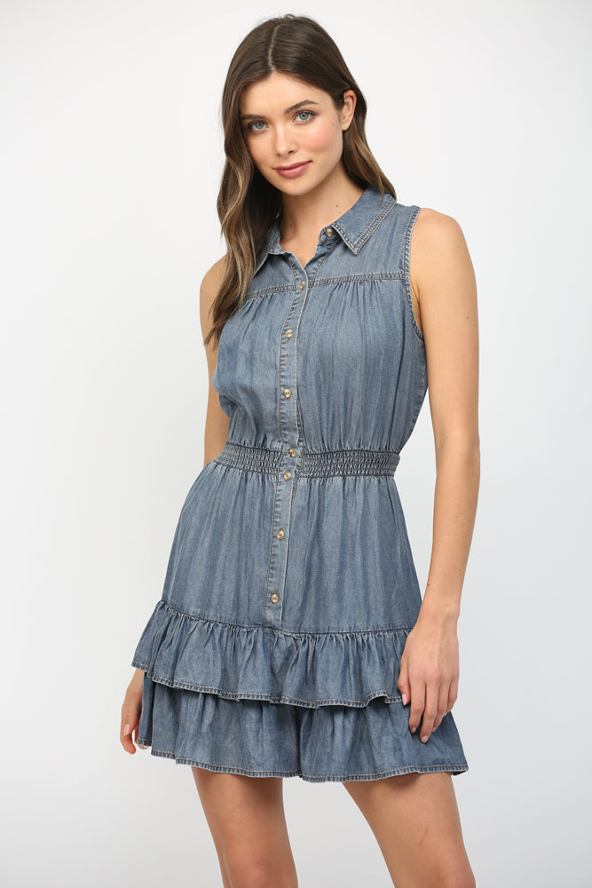 Button Down Tiered Skirt Tencel Dress Denim