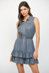 Button Down Tiered Skirt Tencel Dress Denim