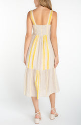 Aztec Embroidered Sleeveless Midi Dress Cream + Brown Stripe