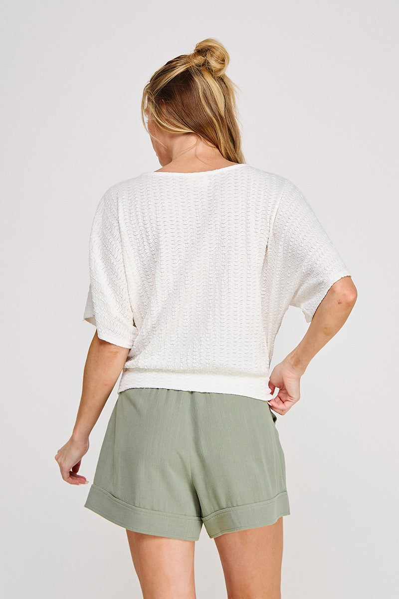 Wavy Textured Banded Dolman Top Off White