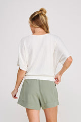 Wavy Textured Banded Dolman Top Off White