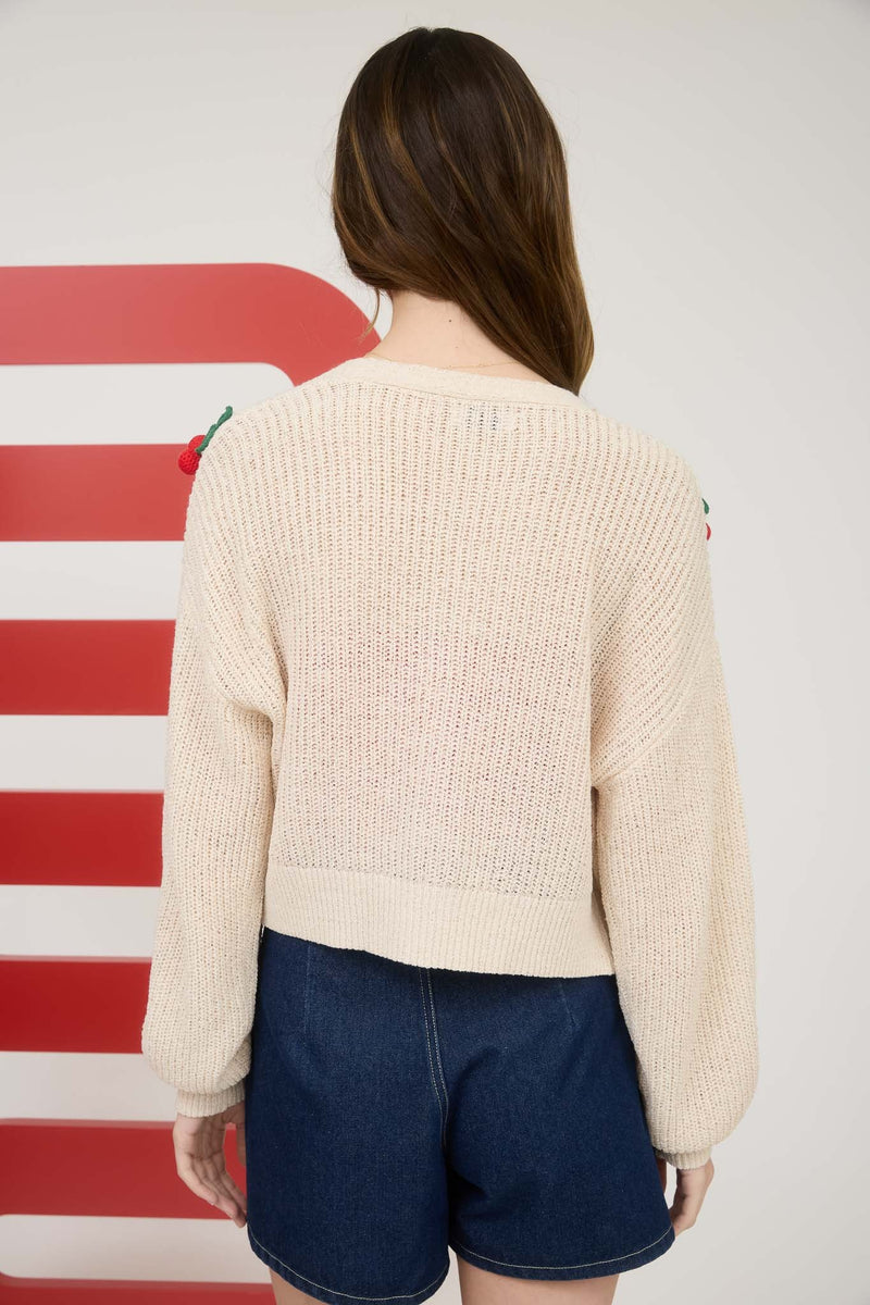 Crochet Fruit Detail Open Front Cardi Cream