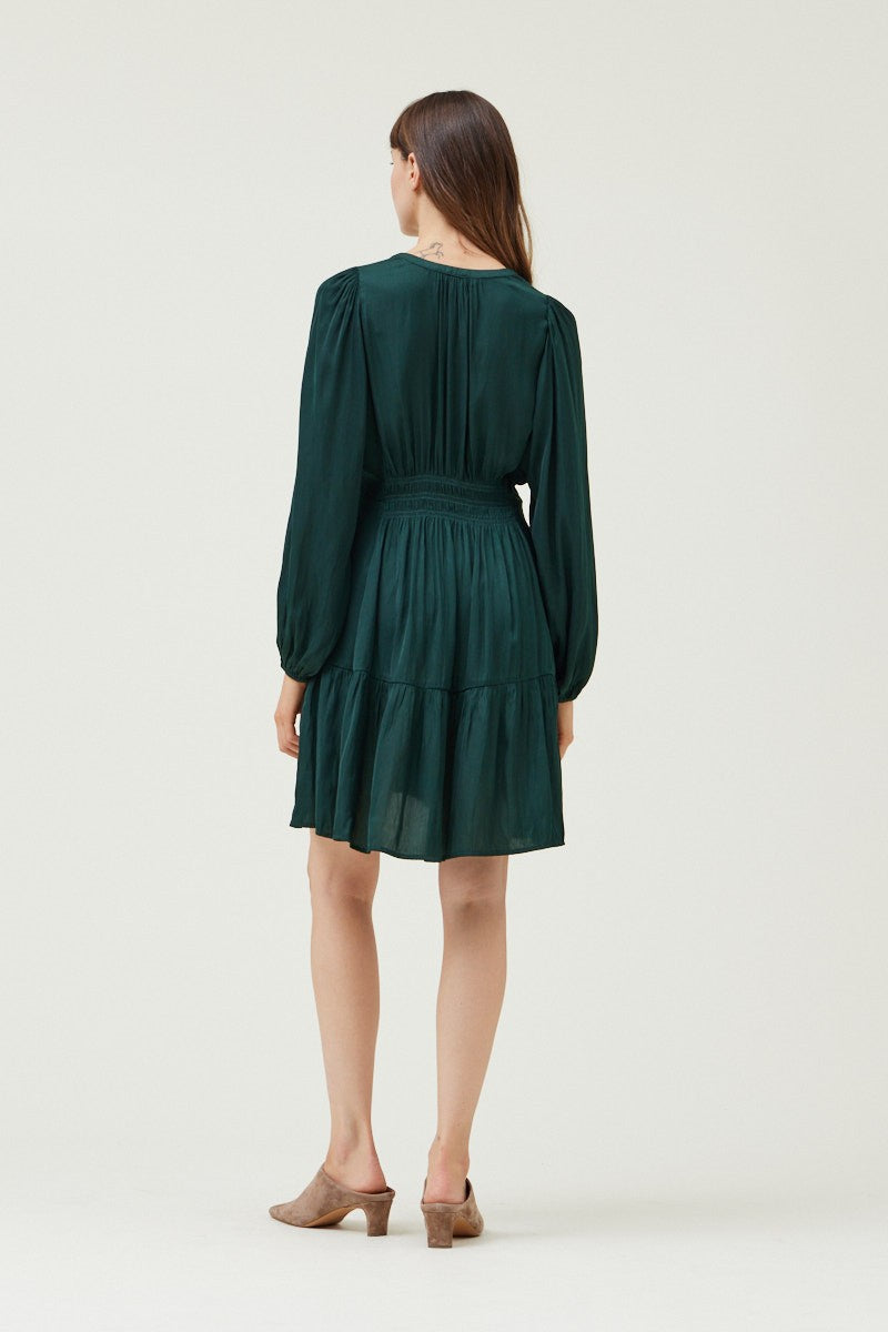 Smock Waist Detail Long Sleeve Satin Mini Dress Deep Emerald