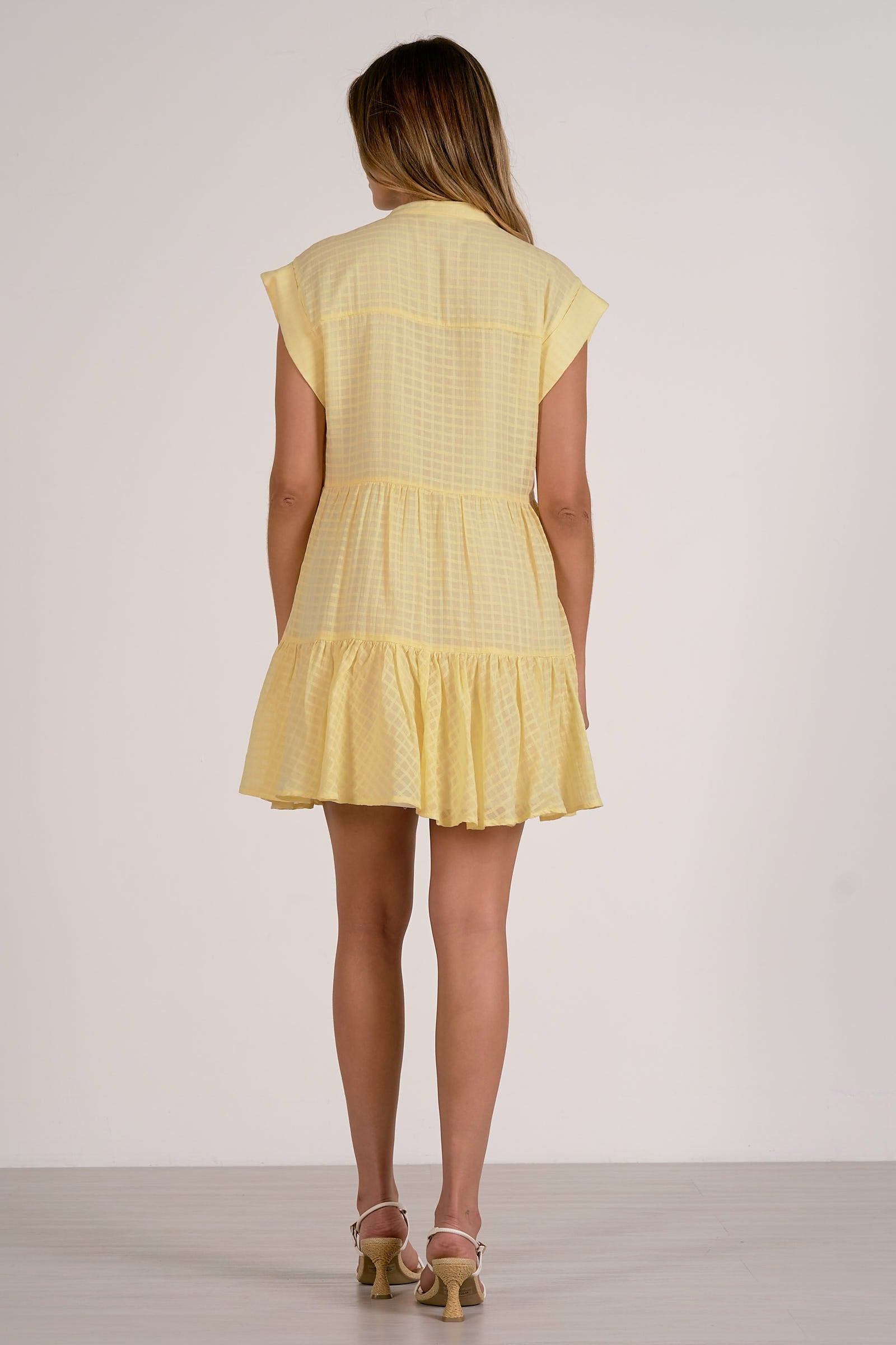 Grid Pattern Button Down Tiered Mini Dress Yellow