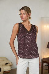 Polka Dot Satin Lace Trim Tank Brown + Ivory