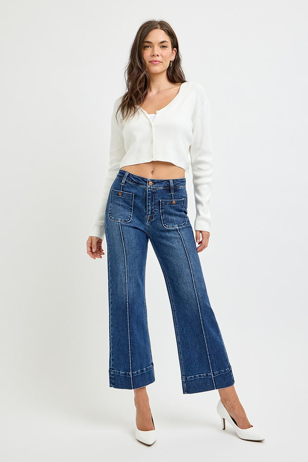 High Rise Pintuck Patch Pocket Crop Wide Leg Jeans Dark