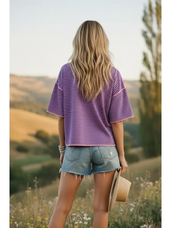 Striped Oversized Knit Top Pink + Royal