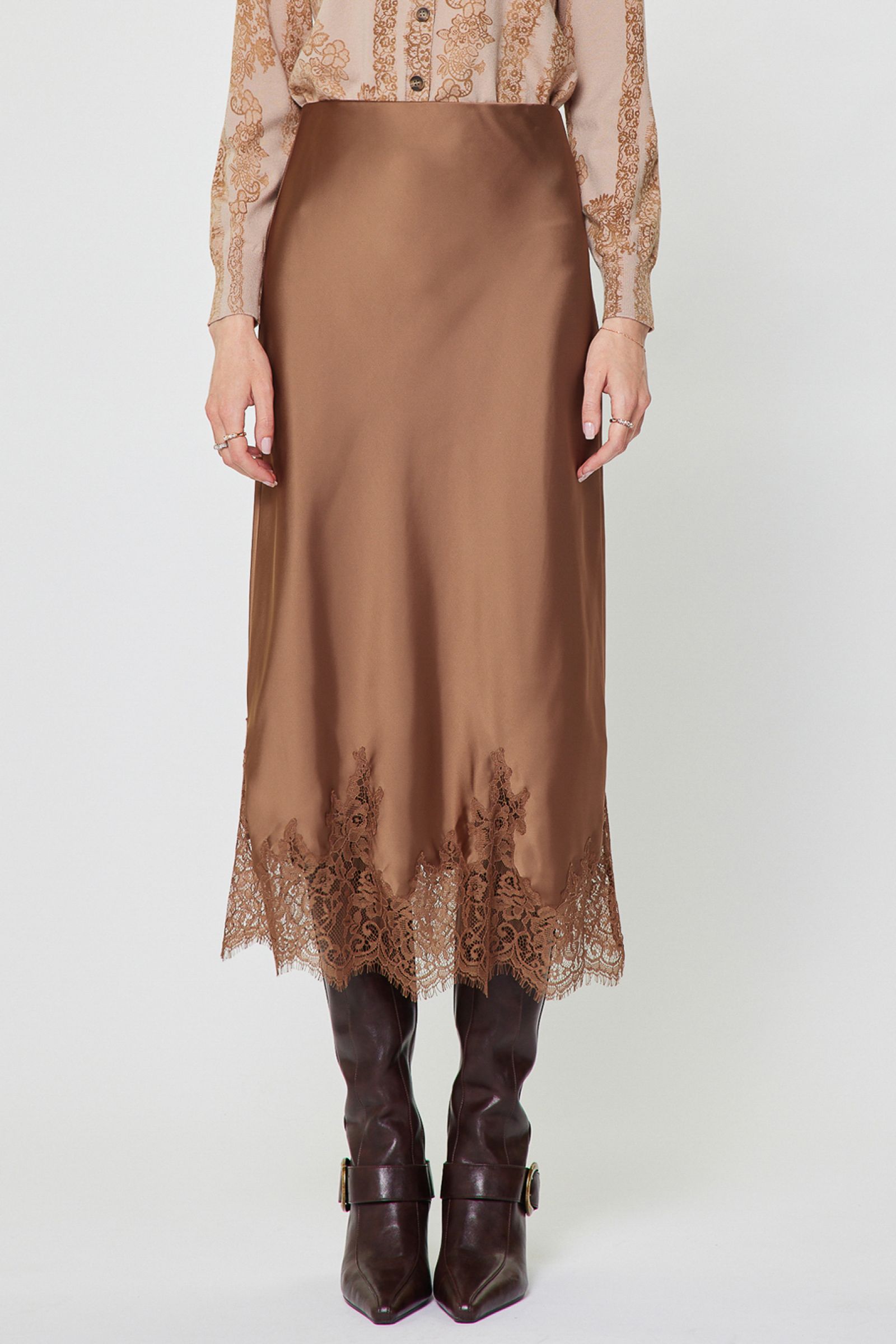 Lace Hem Satin Skirt Mocha Mousse