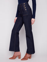 Side Button Detail Patch Pocket Denim Pants Deep Blue