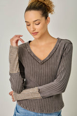 Varigated Rib Washed Pinstripe Cuff Top Chocolate