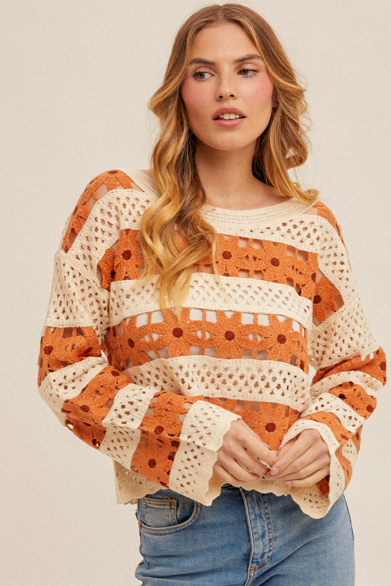 Daisy Crochet Knit Pullover Terracotta