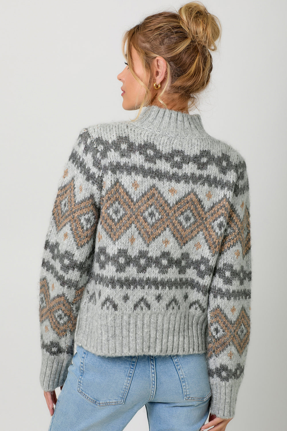 Oversize Fair Isle Mock Neck Sweater Grey Mix