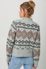 Oversize Fair Isle Mock Neck Sweater Grey Mix