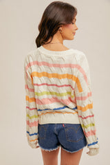 Multi Color Stripe Cable Knit Sweater Top Ivory