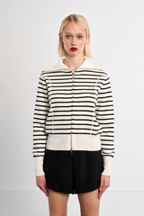 Stripe Oversize Collar Zip Cardi Off White