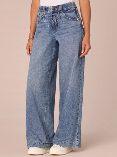 Skyrise Drawstring Waist Wide Leg Jeans Mid Blue