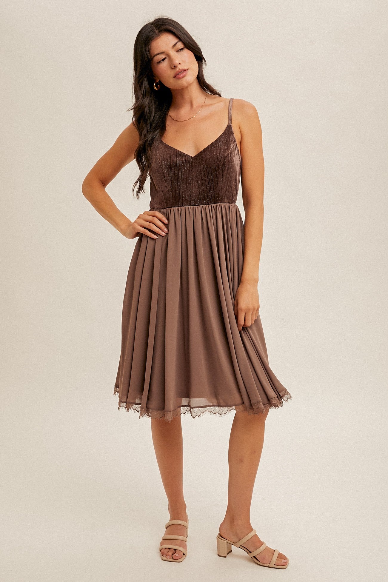 Lurex Velvet Contrast Chiffon Midi Dress Taupe