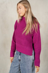 Semi Crop Rolled Mock Neck Sweater Magenta