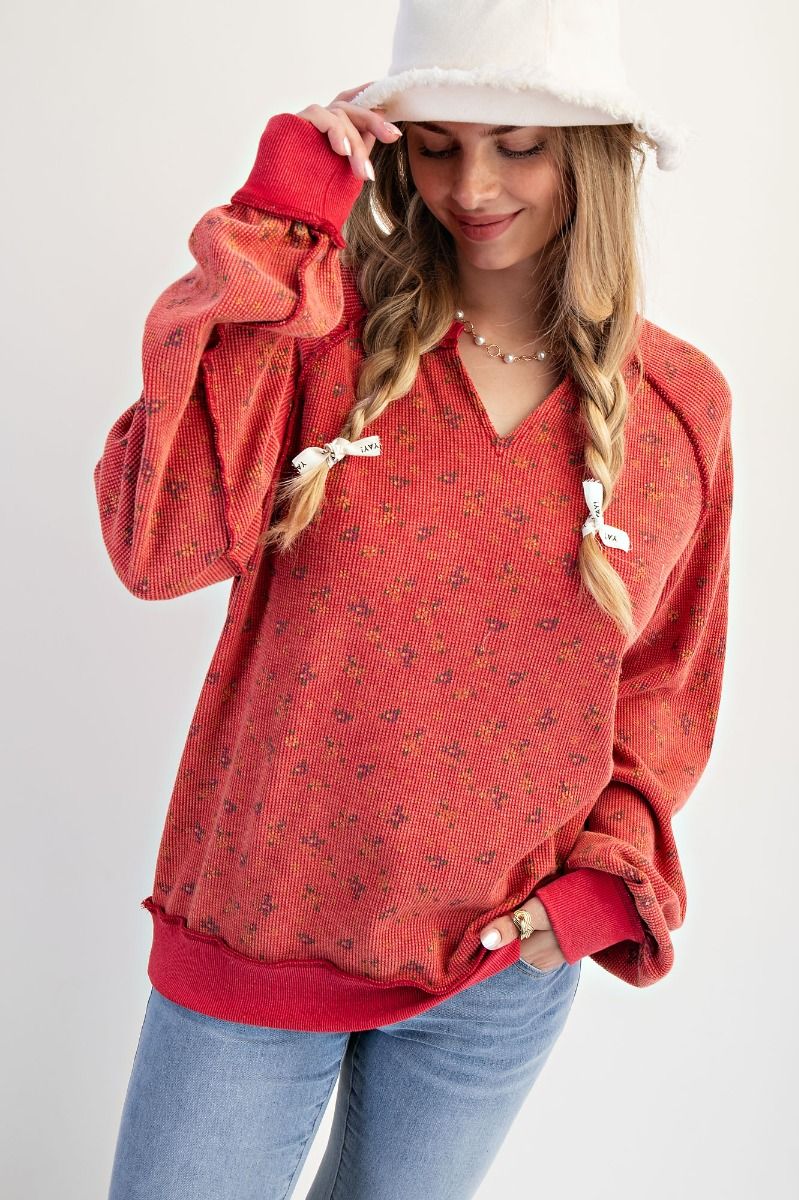 Printed Thermal Notch Neck Mineral Washed Top Boho Red