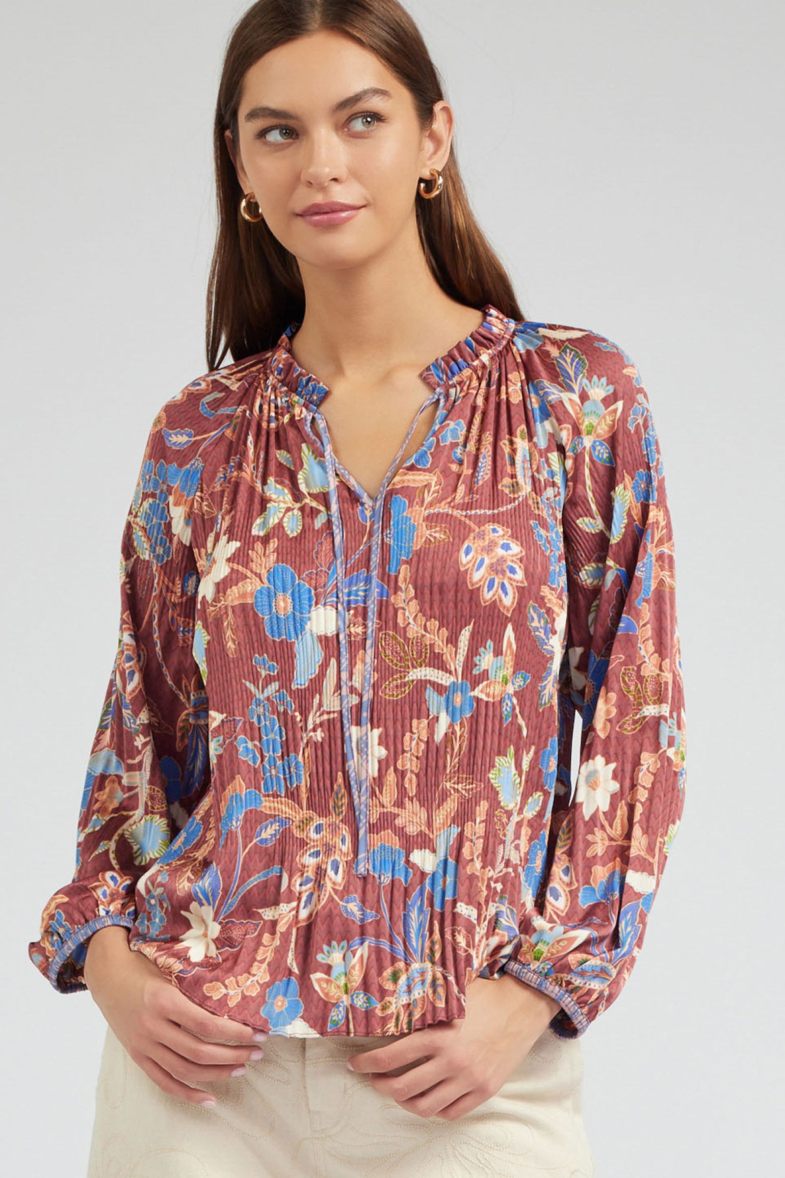 Pleated Detail Floral Ruffle Tie Neck Long Sleeve Blouse Chestnut Multi