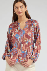 Pleated Detail Floral Ruffle Tie Neck Long Sleeve Blouse Chestnut Multi