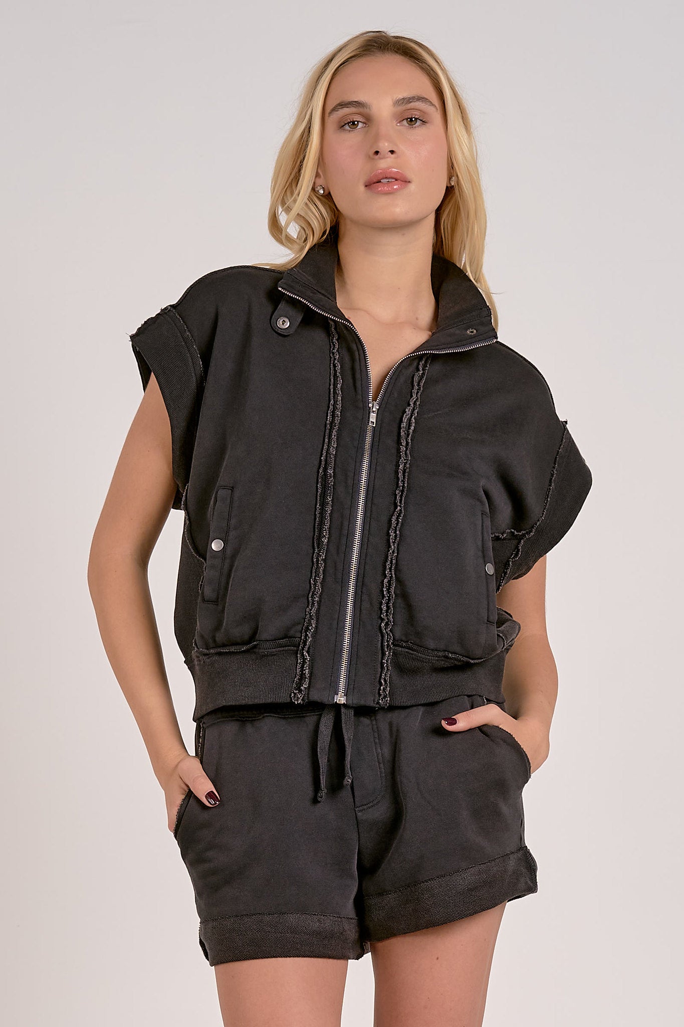 Cap Sleeve Oversize Zipper Vest Black