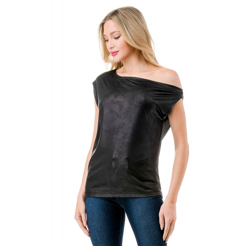 Boat Neck Off Shoulder Tank Black Leather