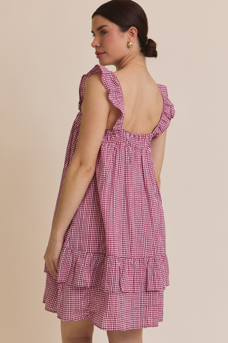 Ruffle Strap Gingham Mini Dress Red + White