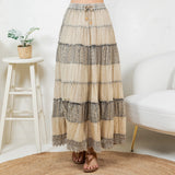 7 Tiered Crinkle Lace Patchwork Skirt Latte
