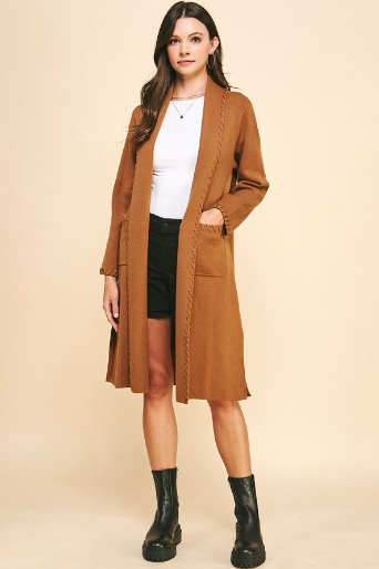Whipstitch Edging Long Cardigan Camel