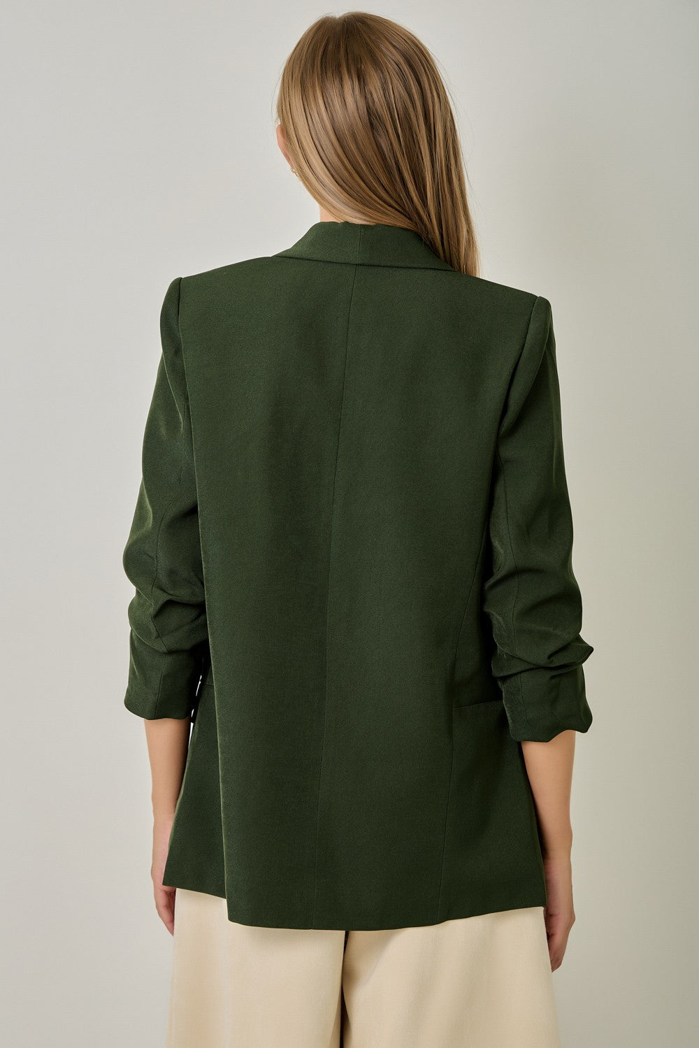 Solid Oversized Rouched Sleeve Blazer Forest