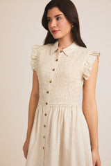 Button Up Smock Detail Ruffle Cap Sleeve Midi Dress Cream