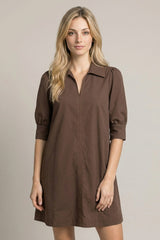 Twill Puff Sleeve Mini Swing Dress Chocolate