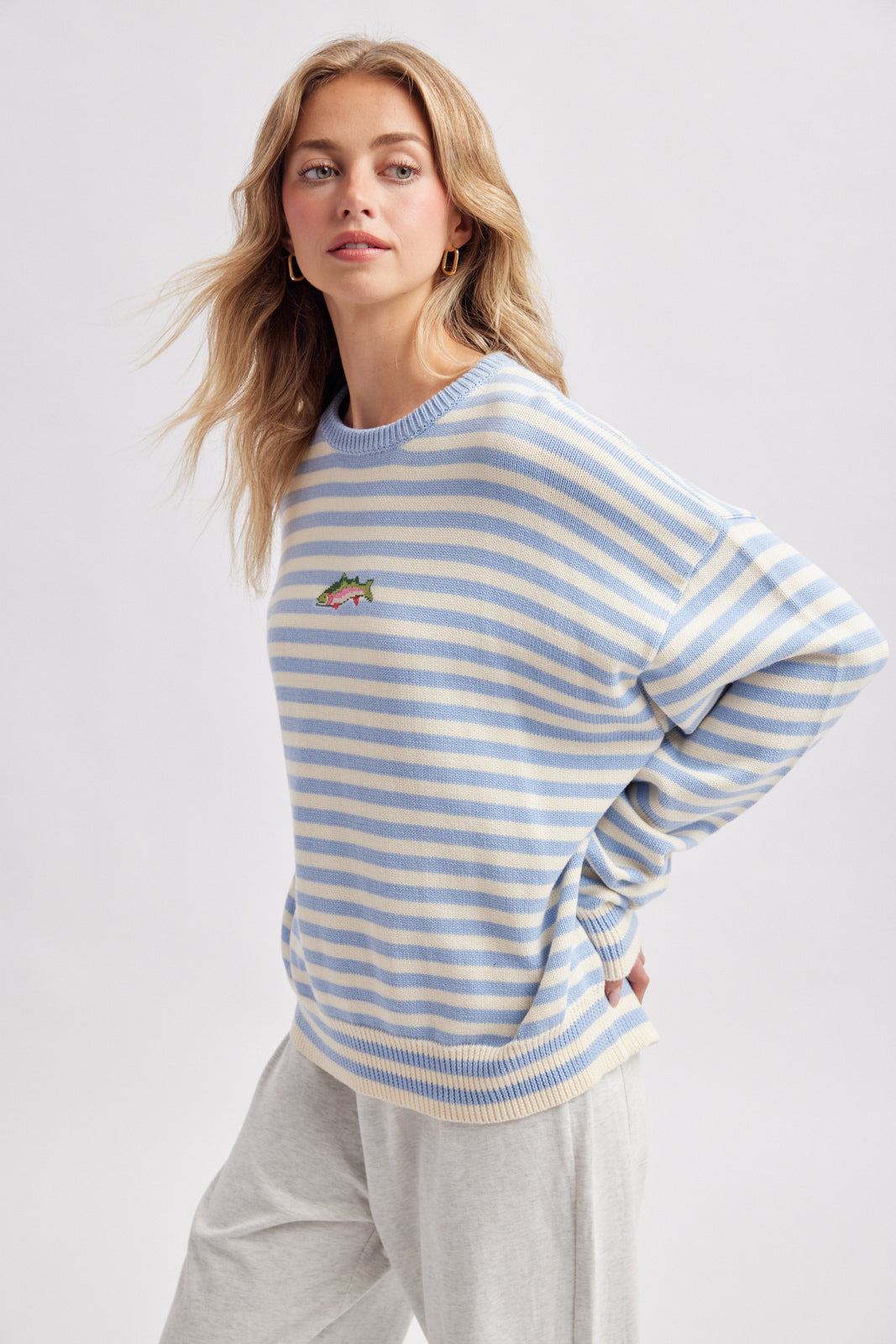 Striped Fish Graphic Sweater Misty Blue + Cream