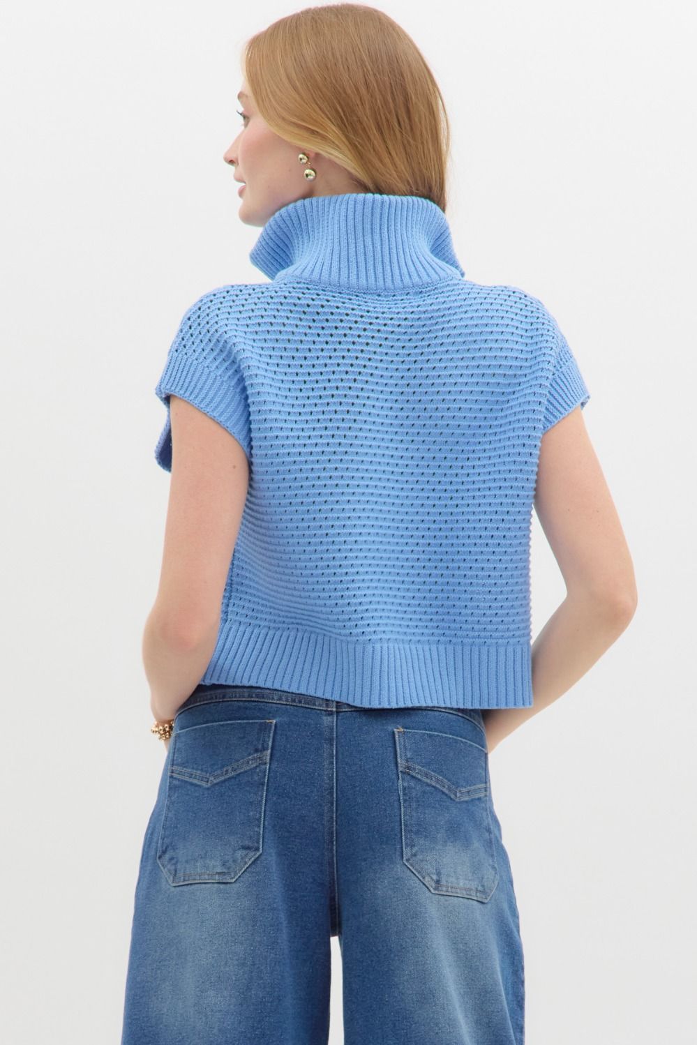 Cap Sleeve Sweater Knit Quarter Zip Pullover Blue
