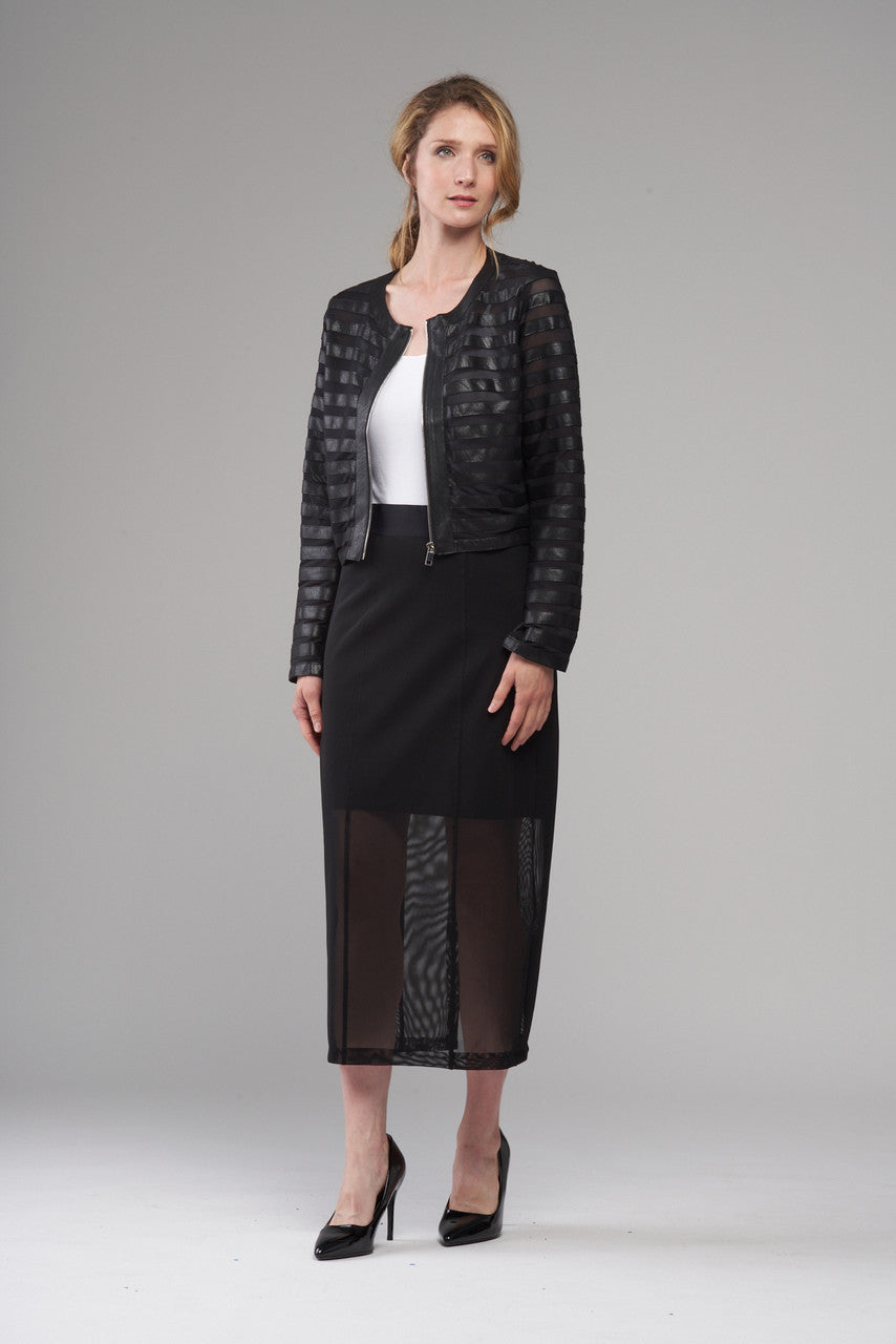 Mesh Leather Stripe Collarless Jacket Black