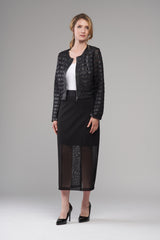 Mesh Leather Stripe Collarless Jacket Black