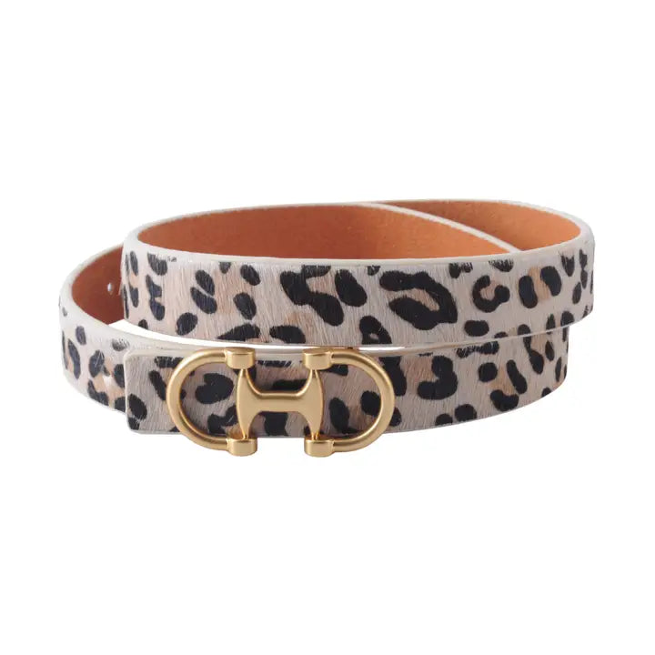 Horsebit Buckle Equestrian Stitched Suede/Napa Leather Belt Leopard