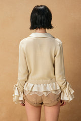 Satin Lace Shirt Tie Sleeve Sweater Cream + Champagne