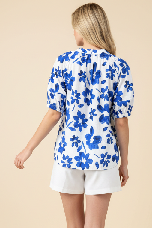 Floral Puff Sleeve Blouse White + Blue