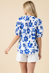Floral Puff Sleeve Blouse White + Blue