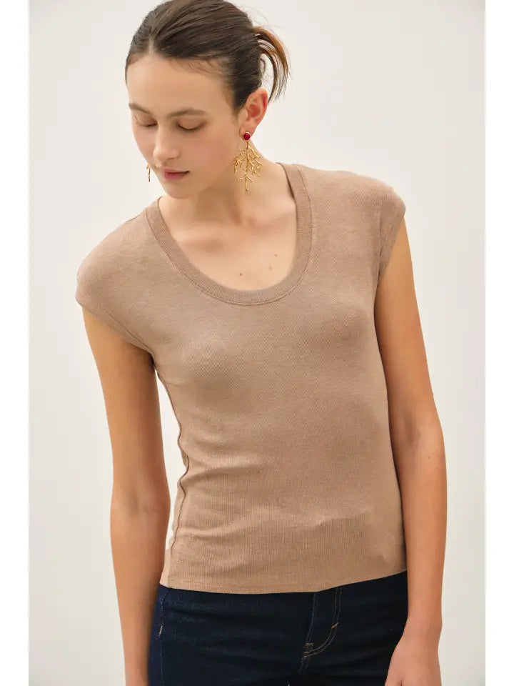 Ribbed Scoop Neck Cap Sleeve Modal Top Hazelnut
