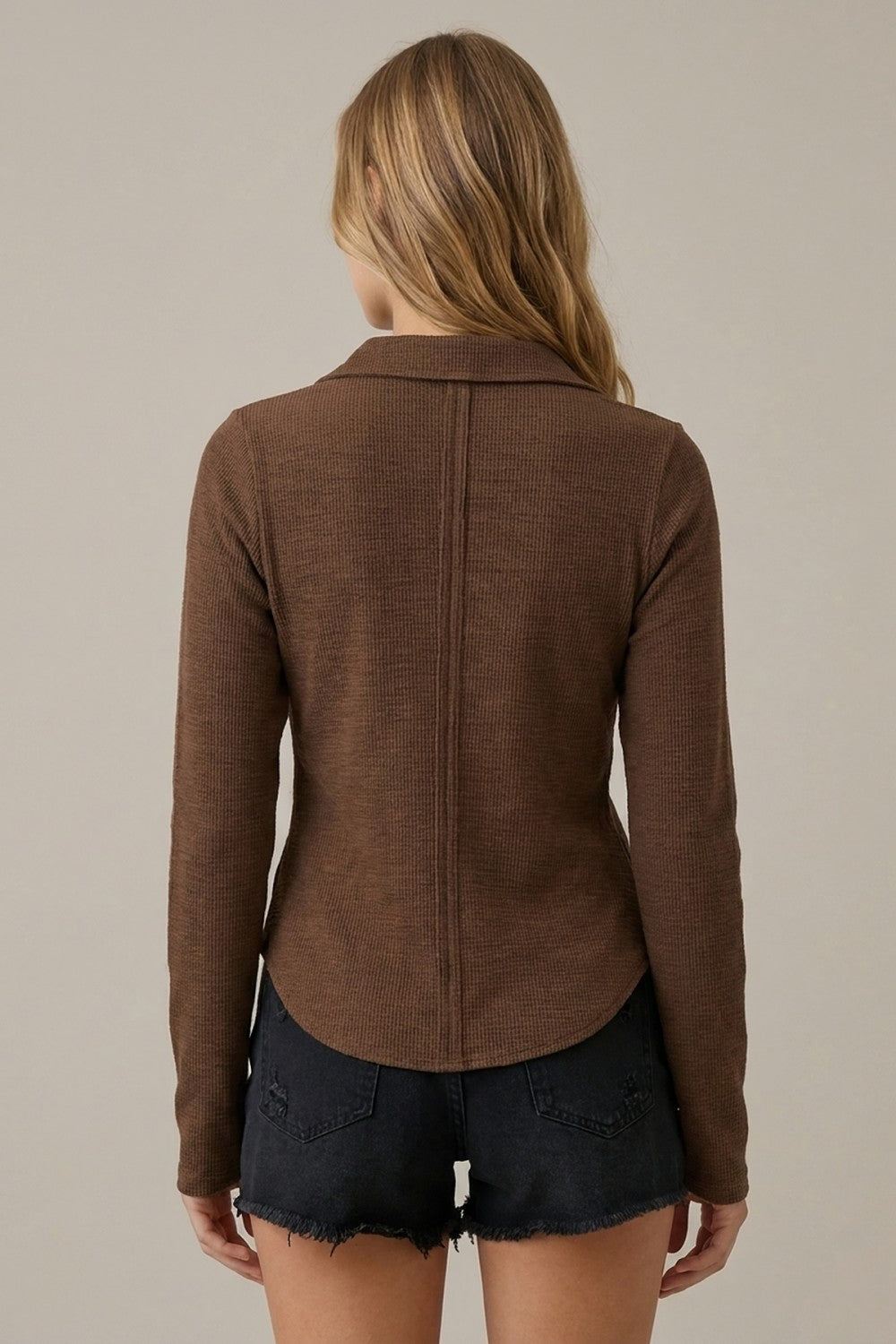 Stitched Out Seam Detail Long Sleeve Collared TOp Brown