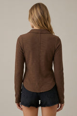 Stitched Out Seam Detail Long Sleeve Collared TOp Brown