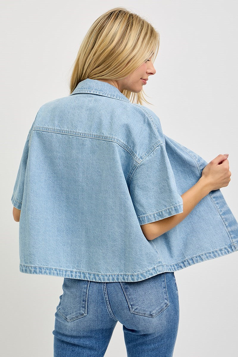 Oversize Half Sleeve Crop Denim Shirt Light