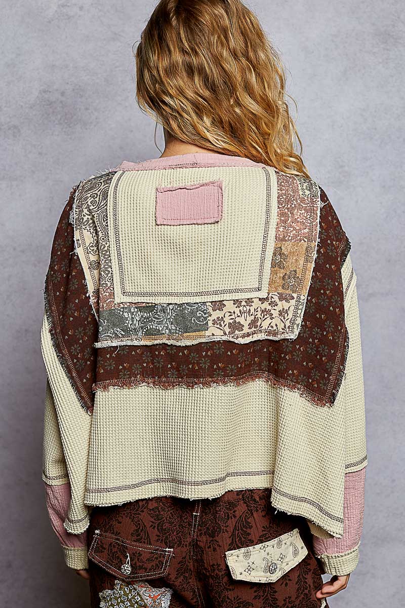 Oversized Thermal Contrast Balloon Sleeve Oatmeal + Pink